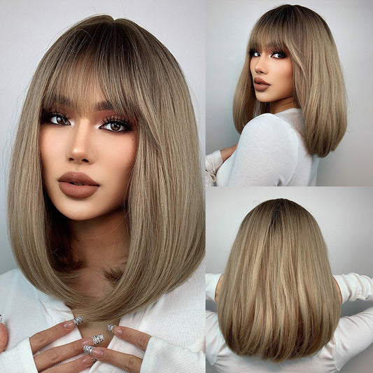 Makayla | Black Ombre Blonde | Short Straight Bob Wigs With Bangs | 16 inch | LC6082-1 | Apn Popinrow