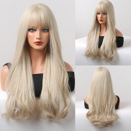 Kalani | Golden Mixed Grey | Long Platinum Wavy Wig With Bangs | 24 Inch | LC5038-1 | Apn Popinrow