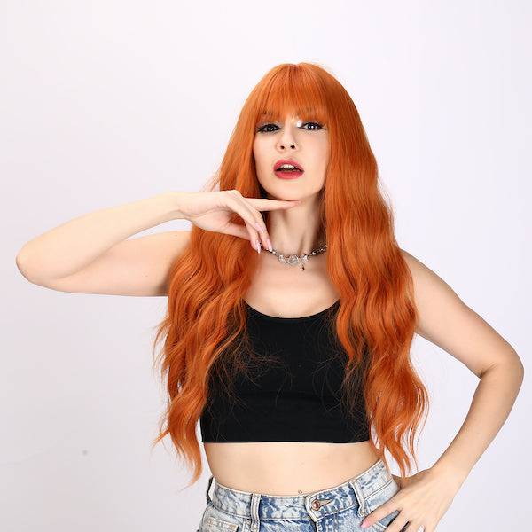 Color: orange wig, Style: body wave wig, curly wig,  Length: 30 inch wig