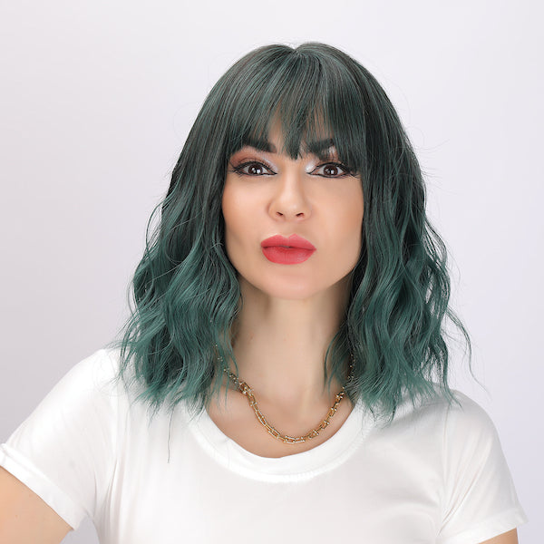 Color: dark green wig Style: short bob curly wig  Length: 13 inch wig