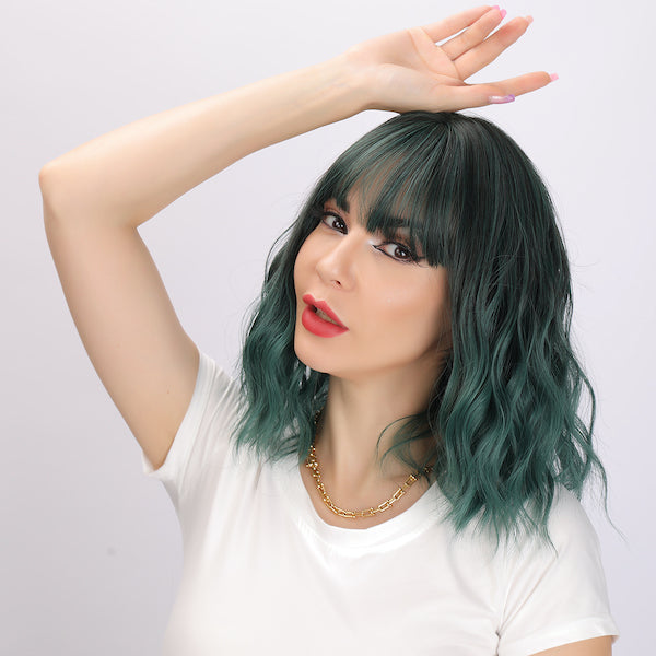 Color: dark green wig Style: short bob curly wig  Length: 13 inch wig