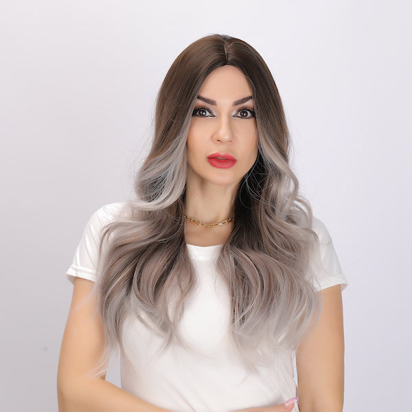 gray and brown gradient wig, deep wave wig, 24 inch wig