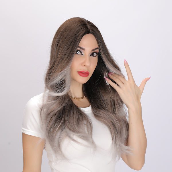 gray and brown gradient wig, deep wave wig, 24 inch wig