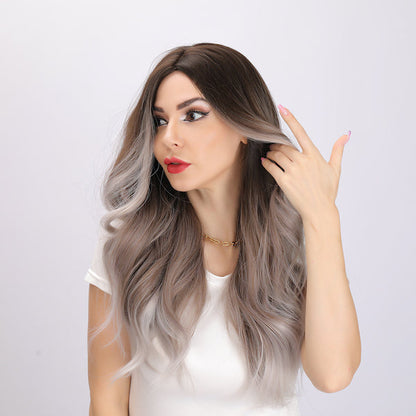 gray and brown gradient wig, deep wave wig, 24 inch wig