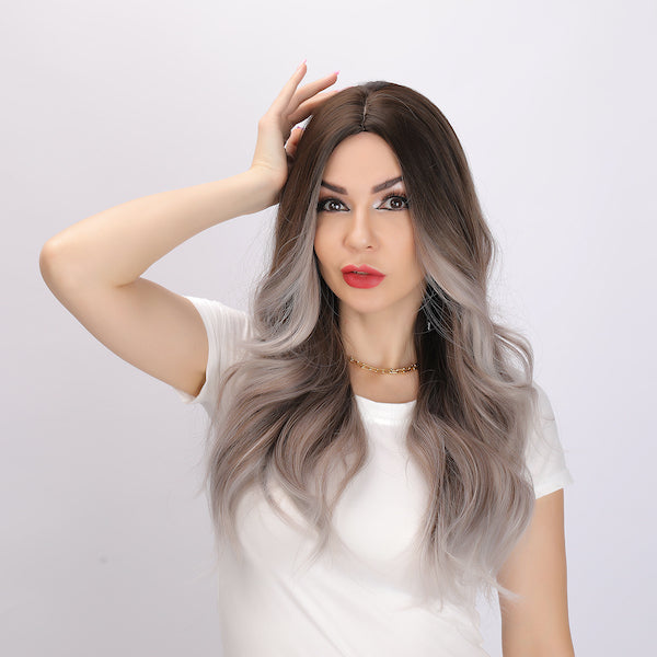 gray and brown gradient wig, deep wave wig, 24 inch wig