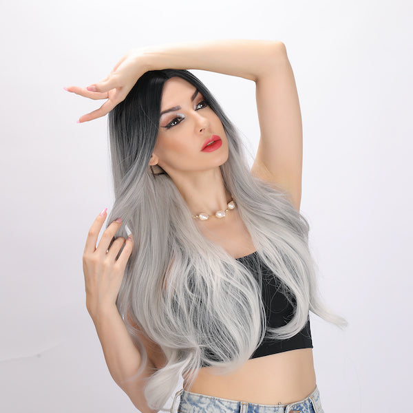 ombre silver wig, deep wave wig, 26 inch wig