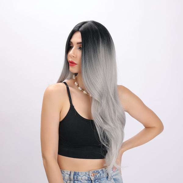 ombre silver wig, deep wave wig, 26 inch wig