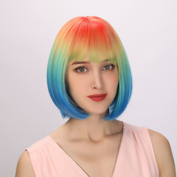 Color: rainbow wig  Style: straight bob wig Length: 12 inch wig