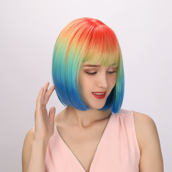 Color: rainbow wig  Style: straight bob wig Length: 12 inch wig