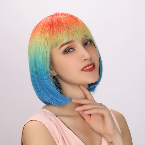 Color: rainbow wig  Style: straight bob wig Length: 12 inch wig