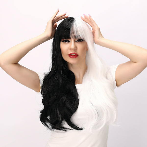 Color: black and white wig Style: long body wave wig Length: 26 inch wig